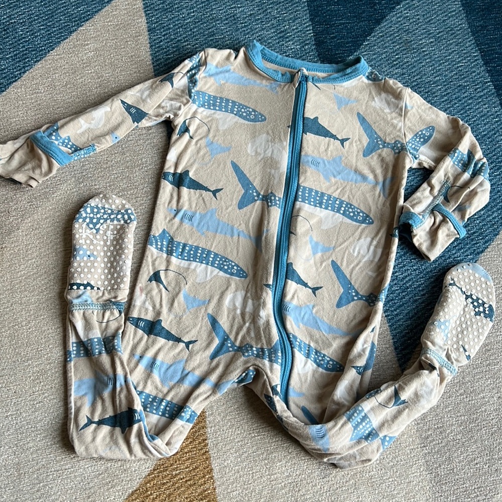 Kickee Pants 6-9 months Zip Up footie with Burlap Sharks print